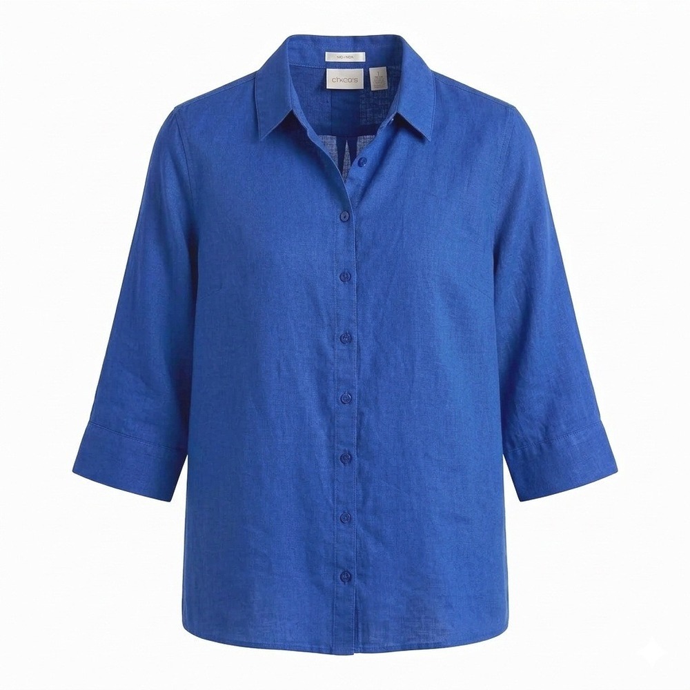 Chicos Linen Button Up Shirt Royal Blue 3/4 Sleeve Med 8 No Iron Relaxed Flowy